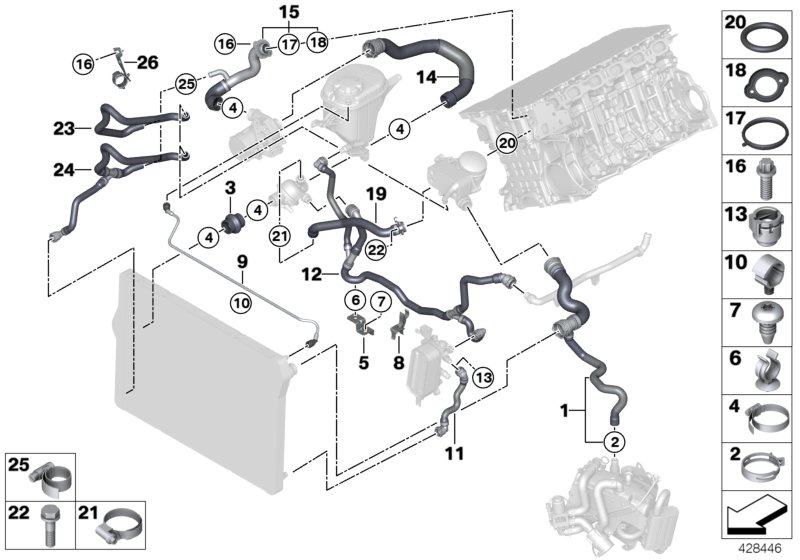 Шланги системы охлаждения для BMW F11 523i N52N (схема запчастей)