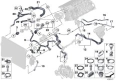 Шланги системы охлаждения для BMW F10 530i N53 (схема запасных частей)