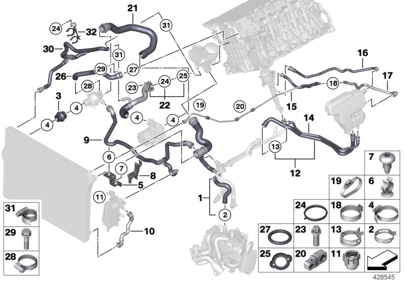 Шланги системы охлаждения для BMW F11 528i N53 (схема запчастей)