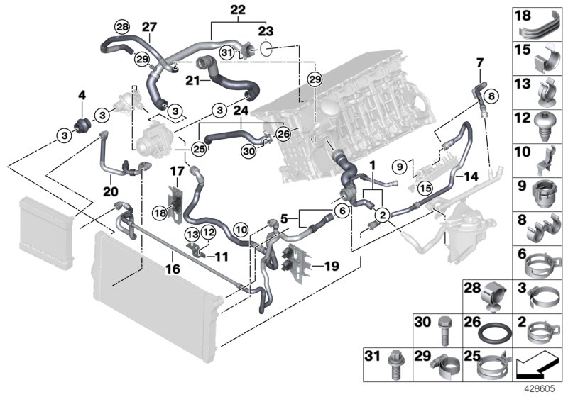 Шланги системы охлаждения для BMW F10N Hybrid 5 N55 (схема запчастей)