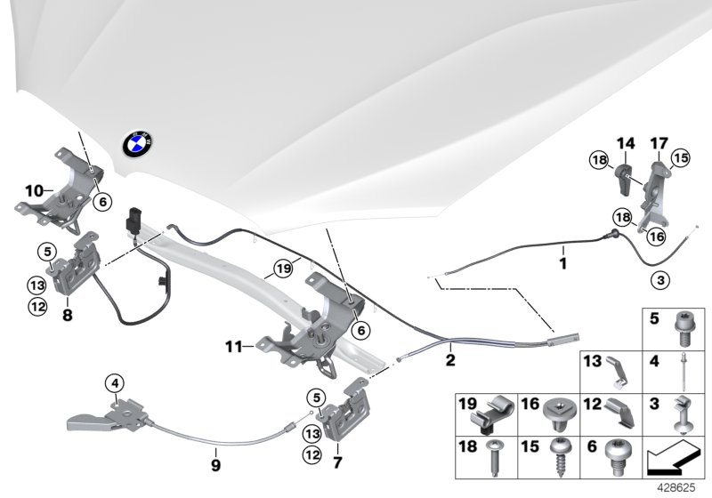 Капот/система замков для BMW F15 X5 25d N47S1 (схема запчастей)