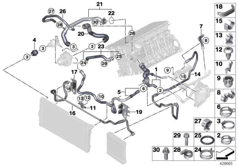 Шланги системы охлаждения для BMW F11N 535i N55 (схема запчастей)