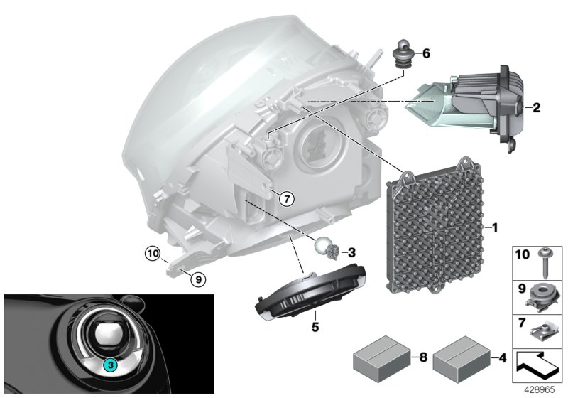 Детали светодиодной фары для BMW F54 Cooper B38 (схема запчастей)