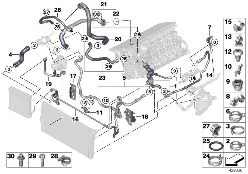 Шланги системы охлаждения для BMW F06N 640iX N55 (схема запчастей)