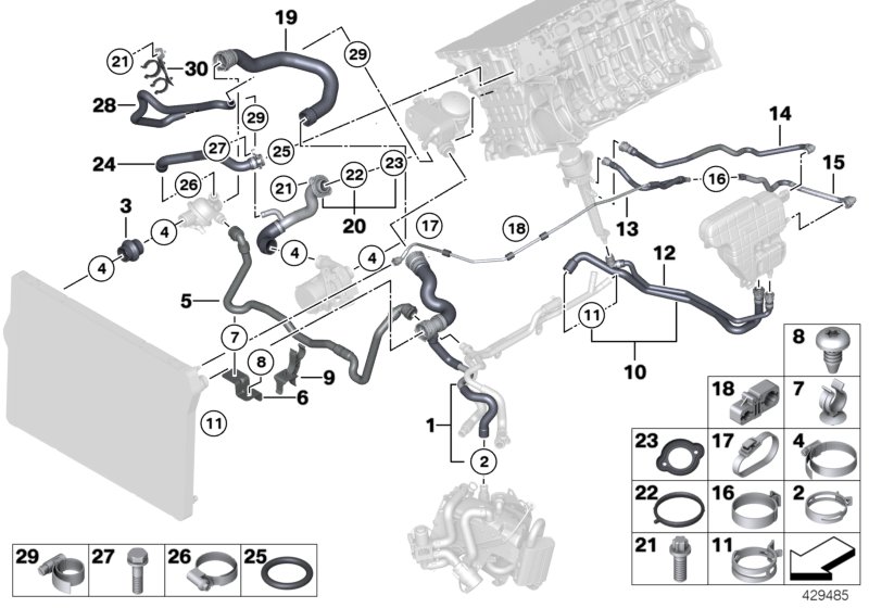 Шланги системы охлаждения для BMW F11 523i N53 (схема запчастей)
