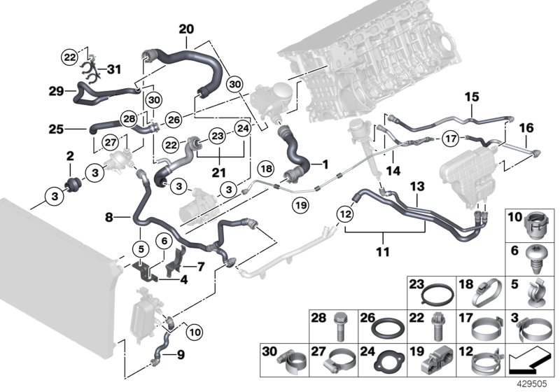 Шланги системы охлаждения для BMW F10 530i N53 (схема запчастей)