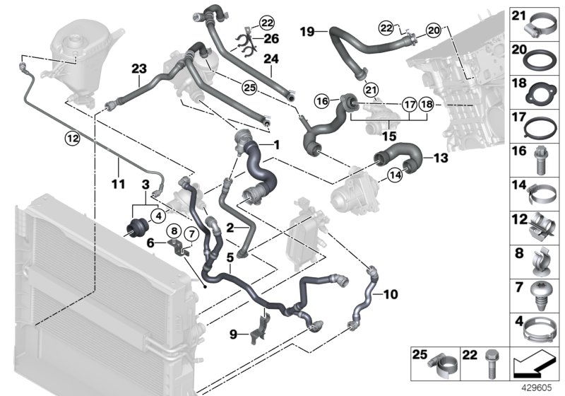 Шланги системы охлаждения для BMW F02 730Li N52N (схема запчастей)