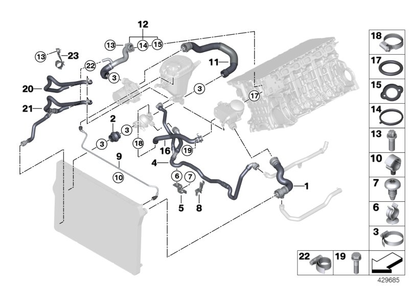 Шланги системы охлаждения для BMW F10 523i N52N (схема запчастей)
