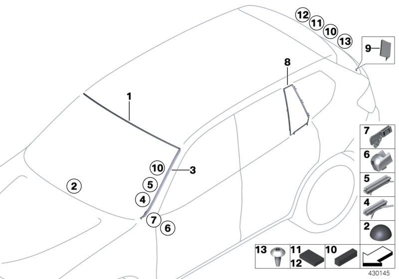 Остекление, дополнительные элементы для BMW F26 X4 M40iX N55 (схема запчастей)