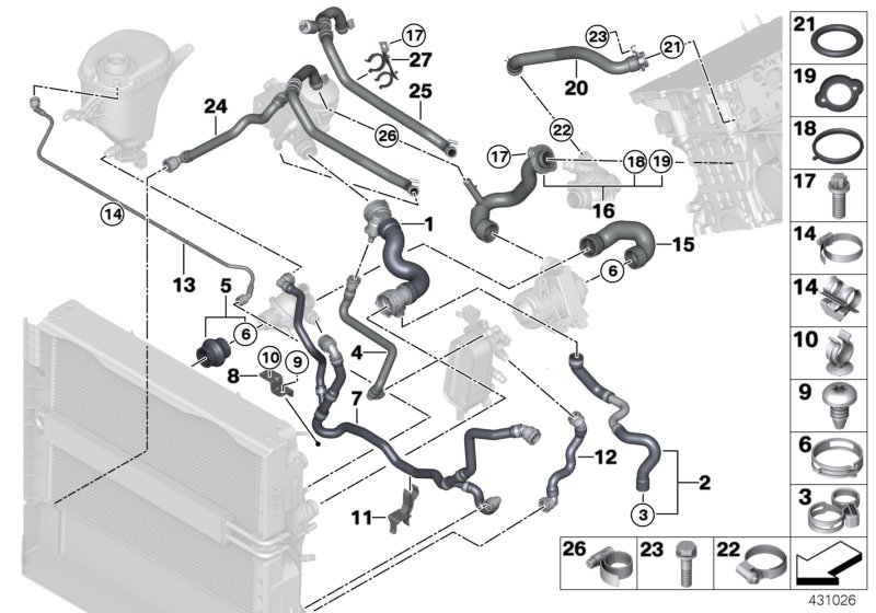 Шланги системы охлаждения для BMW F02N 730Li N52N (схема запчастей)