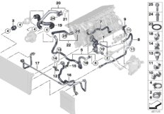 Шланги системы охлаждения для BMW F02 740Li N54 (схема запасных частей)