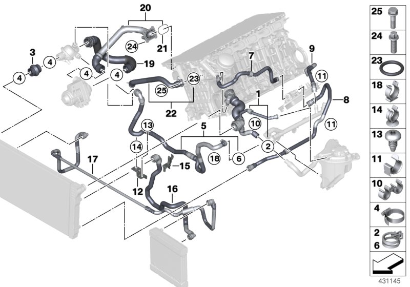 Шланги системы охлаждения для BMW F02 740Li N54 (схема запчастей)