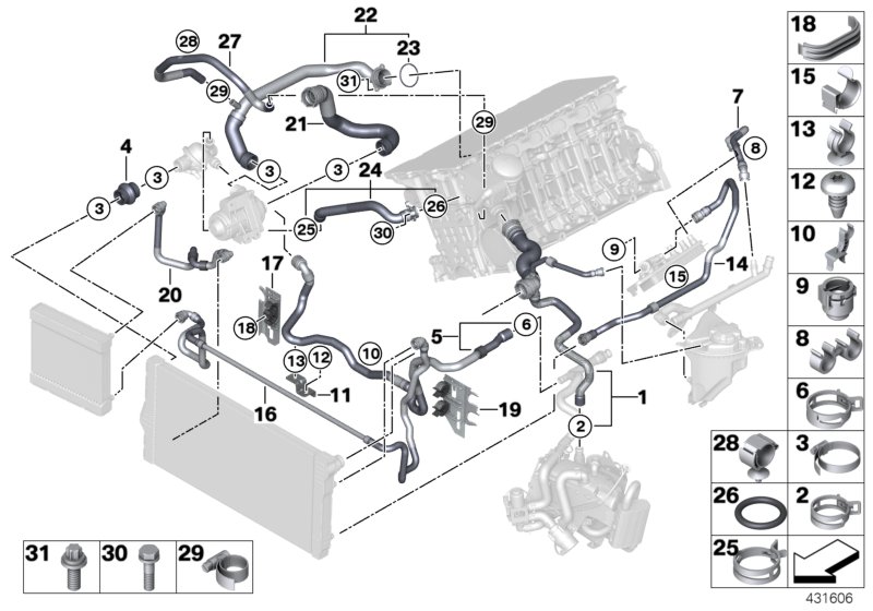 Шланги системы охлаждения для BMW F11 535i N55 (схема запчастей)