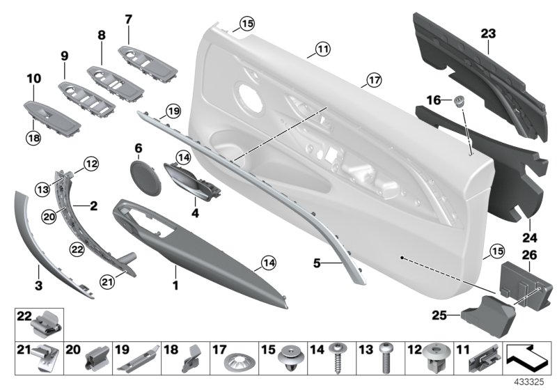 Доп.элементы обшивки передней двери для BMW F33N 430i B48 (схема запчастей)