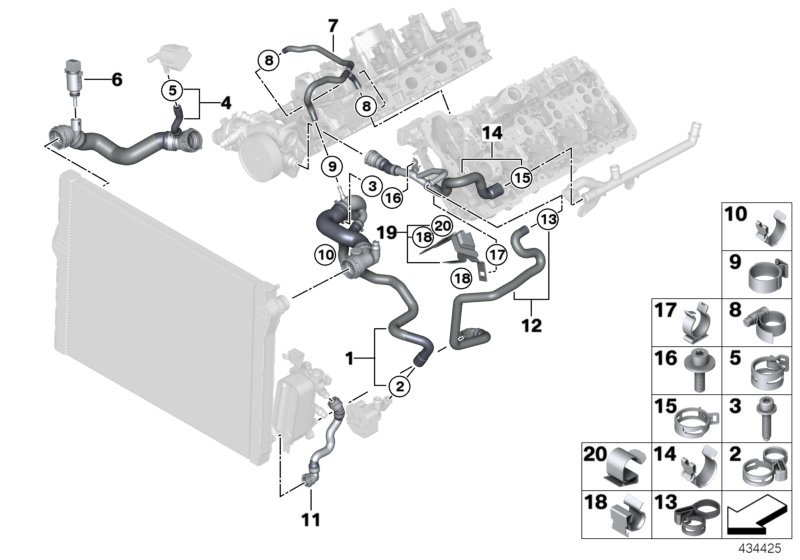 Шланги системы охлаждения для BMW F12 650iX 4.4 N63N (схема запчастей)