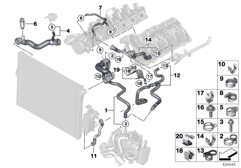 Шланги системы охлаждения для BMW F12 650iX 4.4 N63N (схема запчастей)