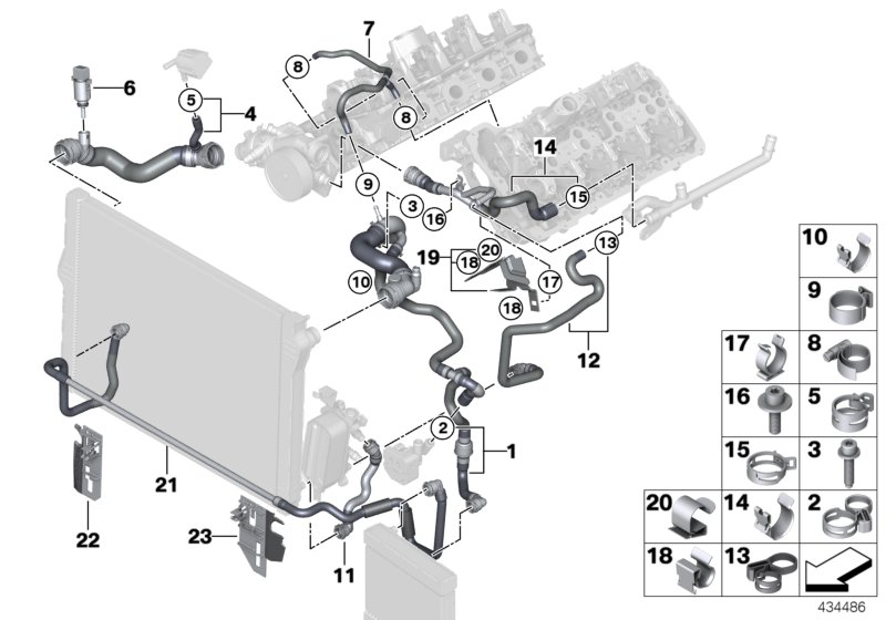 Шланги системы охлаждения для BMW F07 550i N63N (схема запчастей)