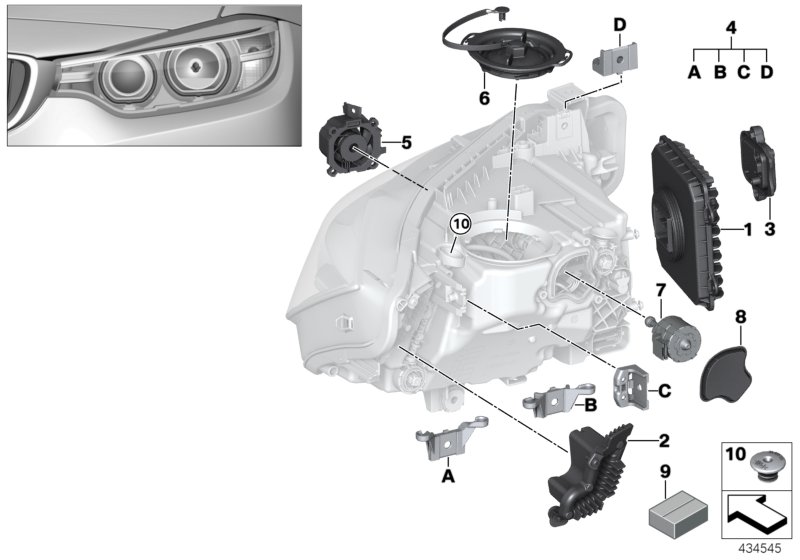 Детали светодиодной фары для BMW F30N 330dX N57N (схема запчастей)