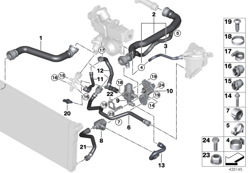Шланги системы охлаждения для BMW F11 525d N47S1 (схема запчастей)