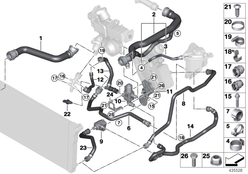 Шланги системы охлаждения для BMW F11N 520dX N47N (схема запчастей)