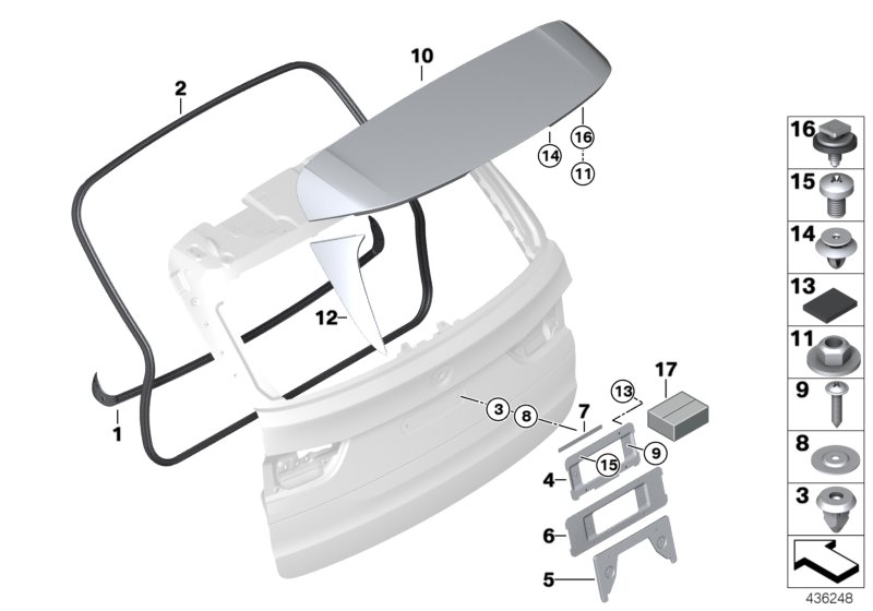 Дополнительные элементы багажной двери для BMW F15 X5 40dX N57Z (схема запчастей)