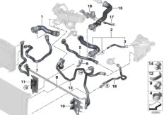 Шланги системы охлаждения для BMW F11 535d N57Z (схема запасных частей)