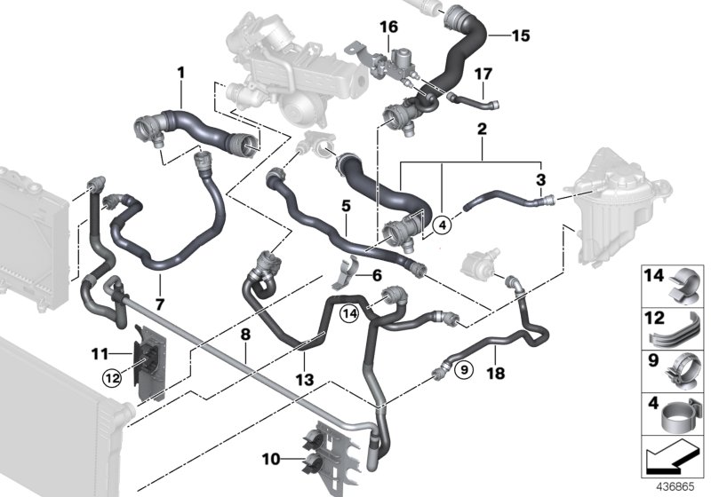 Шланги системы охлаждения для BMW F12 640d N57Z (схема запчастей)
