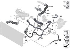 Шланги системы охлаждения для BMW F11 535d N57Z (схема запасных частей)