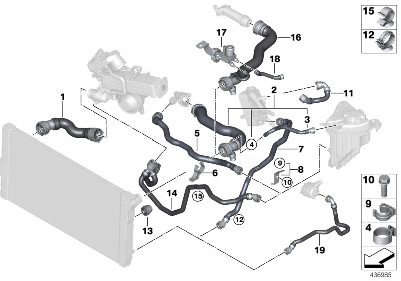 Шланги системы охлаждения для BMW F12N 640d N57Z (схема запчастей)