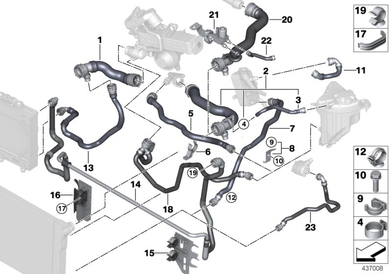 Шланги системы охлаждения для BMW F01 740dX N57S (схема запчастей)
