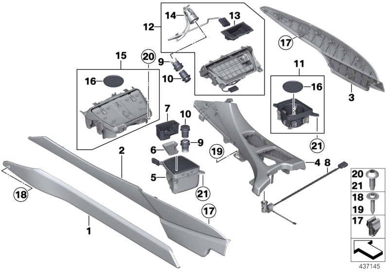 Доп.элементы центральной консоли для BMW F12 M6 S63N (схема запчастей)