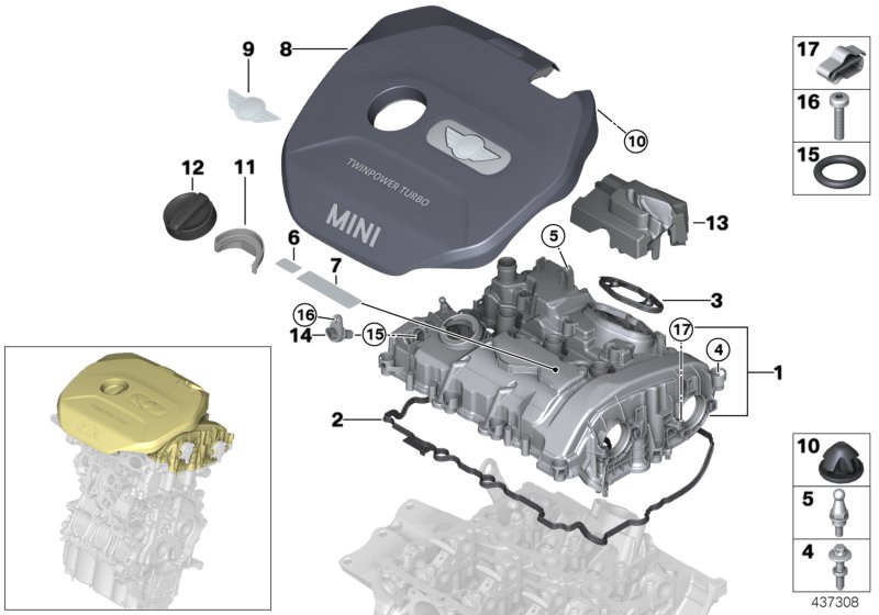 Крышка головки блока цилиндров/доп.эл. для BMW F56 Cooper B38 (схема запчастей)
