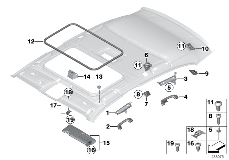 Доп.элементы потолка для BMW F20 118d N47N (схема запчастей)