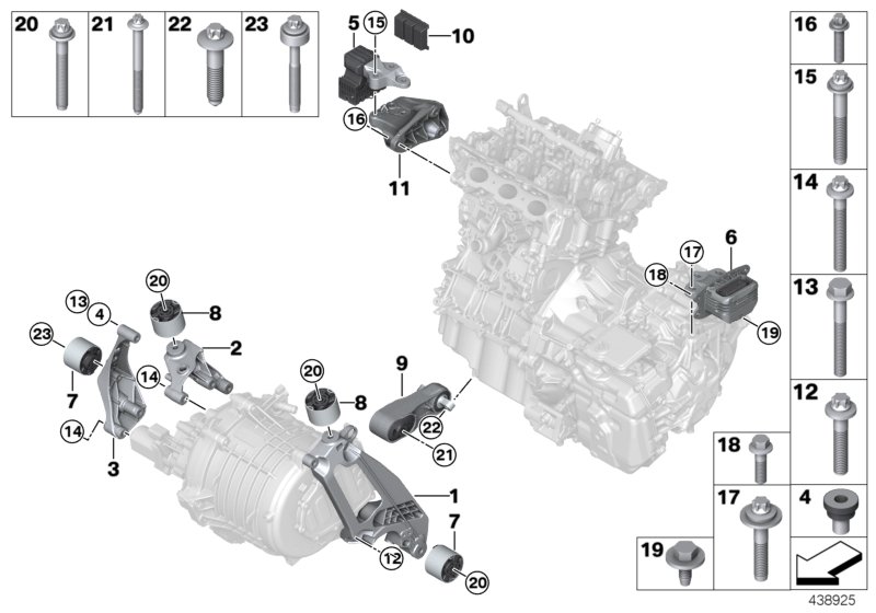 Подвеска двигателя и коробки передач для BMW I15 i8 B38X (схема запчастей)