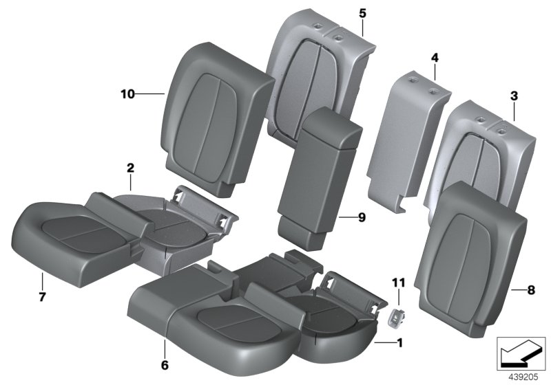 Мягкая часть и обивка заднего сиденья для BMW F46N 220d B47D (схема запчастей)