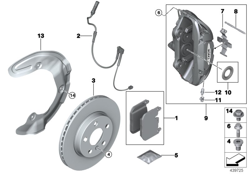 Тормозной механизм переднего колеса для BMW F56 JCW B46D (схема запчастей)