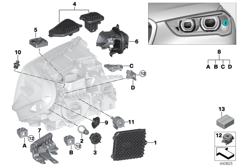 Детали светодиодной фары для BMW F48 X1 18i B32 (схема запчастей)