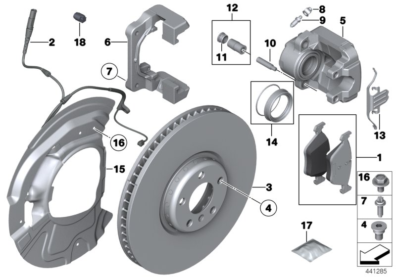 Тормозной механизм переднего колеса для BMW F15 X5 40eX N20 (схема запчастей)