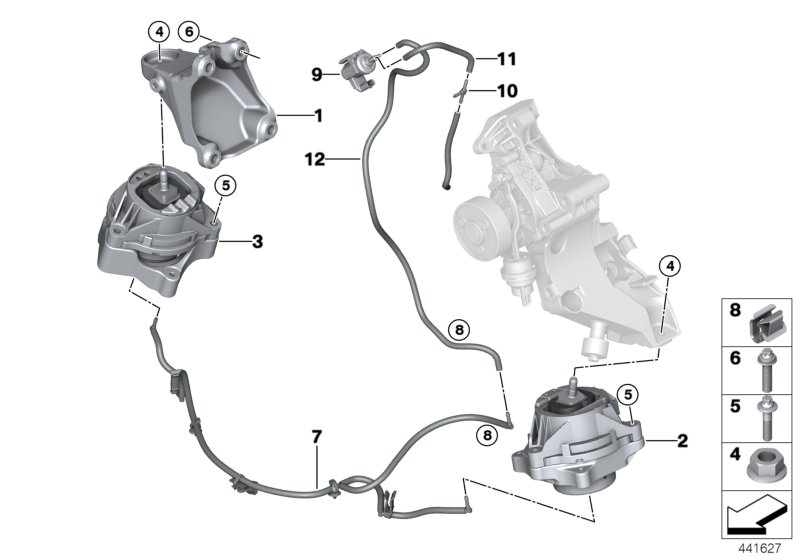 Подвеска двигателя для BMW F20N 118i B38 (схема запчастей)