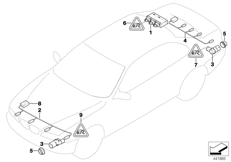 Сигнализация авар.сближен.при парк.(PDC) для BMW E60N 530i N52N (схема запчастей)