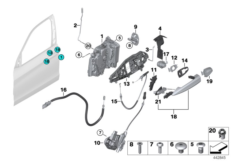 Система замков передней двери для BMW F15 X5 50iX 4.4 N63N (схема запчастей)