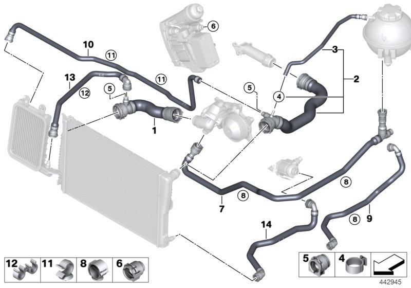 Водяной шланг системы охлаждения для BMW F25 X3 30dX N57N (схема запчастей)