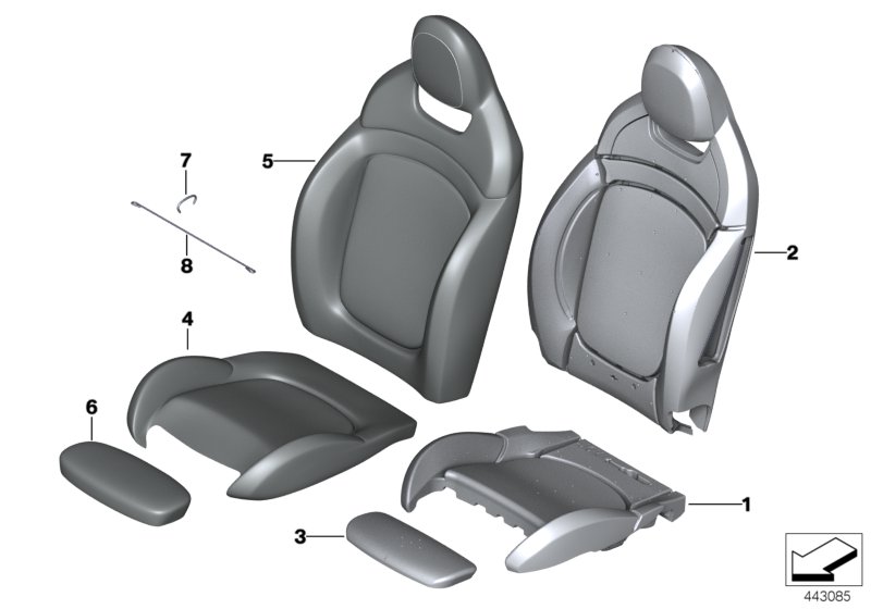 Набивка и обивка спортивного пер.сиденья для BMW F54N Cooper SD ALL4 B47D (схема запчастей)