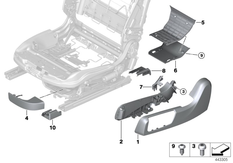 Накладка переднего сиденья с э/приводом для BMW F33 430i B48 (схема запчастей)
