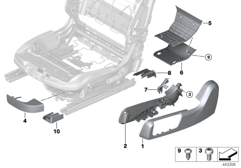 Накладка переднего сиденья с э/приводом для BMW F83N M4 S55 (схема запчастей)