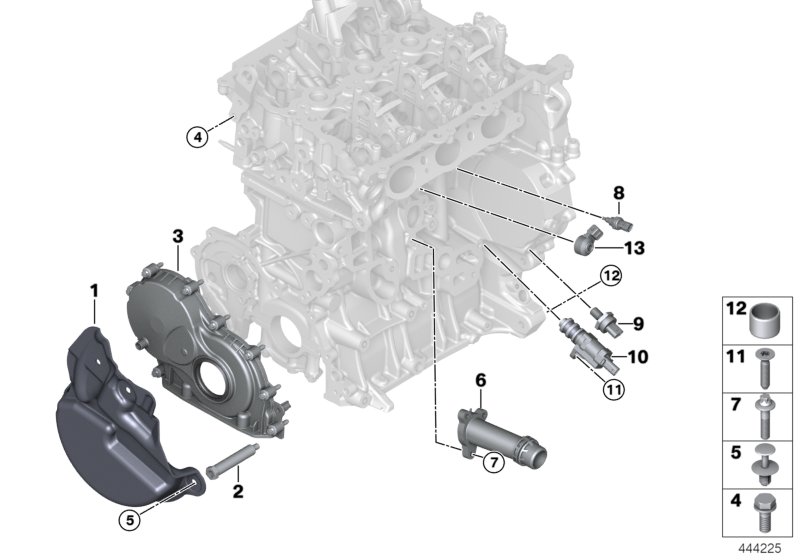 Блок цилиндров/дополнительные элементы для BMW F22 218i B38 (схема запчастей)