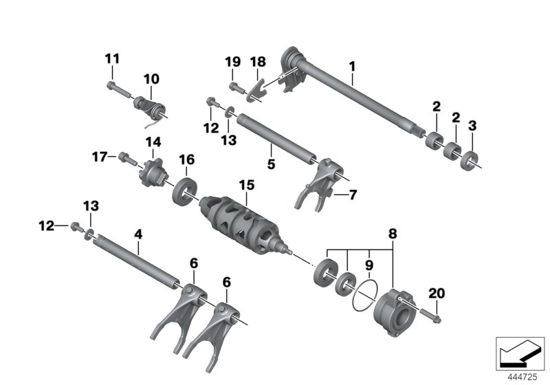 Детали механизма ПП 6-ступенчатой КПП для BMW K47 S 1000 R (0D02, 0D12) 0 (схема запчастей)