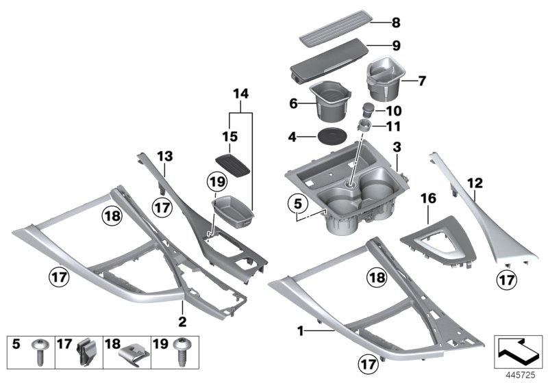 Доп.элементы центральной консоли для BMW F20 114i N13 (схема запчастей)