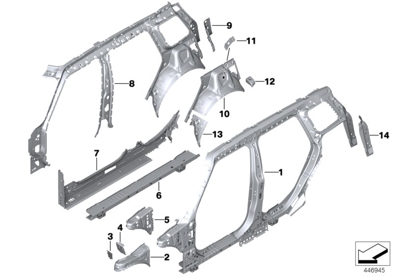 Детали бокового каркаса для BMW F54N Cooper S B48C (схема запчастей)