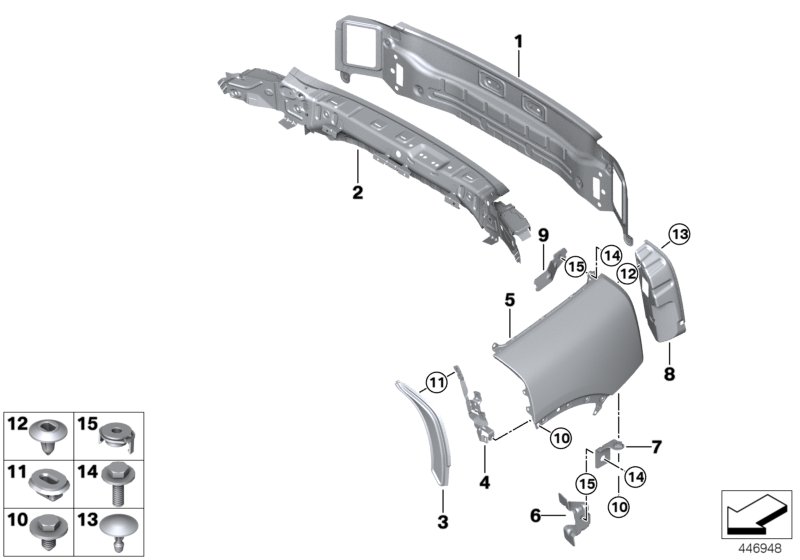 Крыло/облицовка задней части для BMW F54 One B38 (схема запчастей)